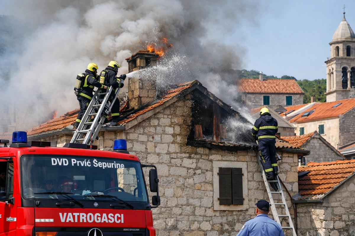 Požar dimnjaka u Prvić Luci: vatrogasci spriječili širenje na okolne kuće