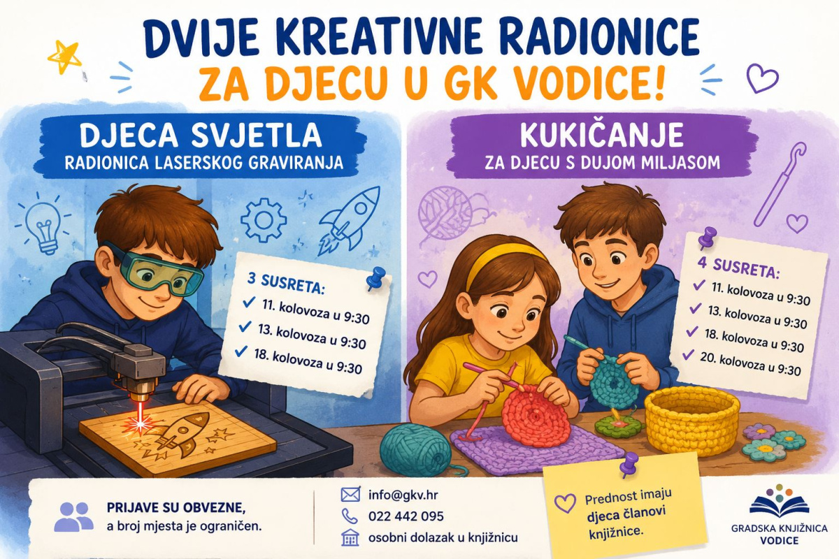 Dvije besplatne radionice za djecu u Gradskoj knjižnici Vodice: lasersko graviranje i kukičanje